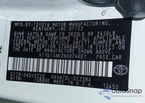 2022 Toyota Camry Se Nightshade Edition из США, поврежденный, VIN 4T1G11AK2NU074601